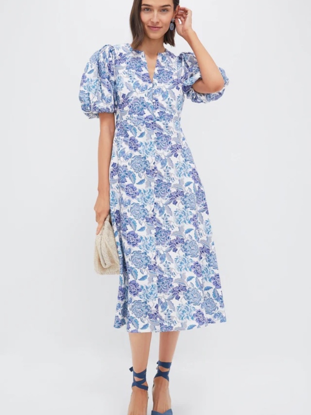 🌺 Hyacinth House Elegant Blue/White Floral Puff Sleeve Midi Dress
